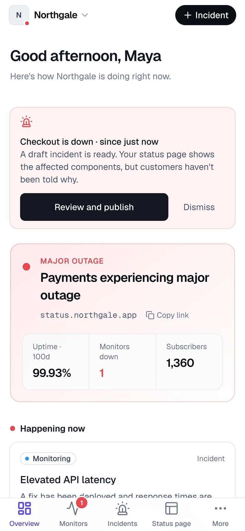 The Incidra overview on a phone, with the outage that needs attention, page status, uptime and a bottom tab bar