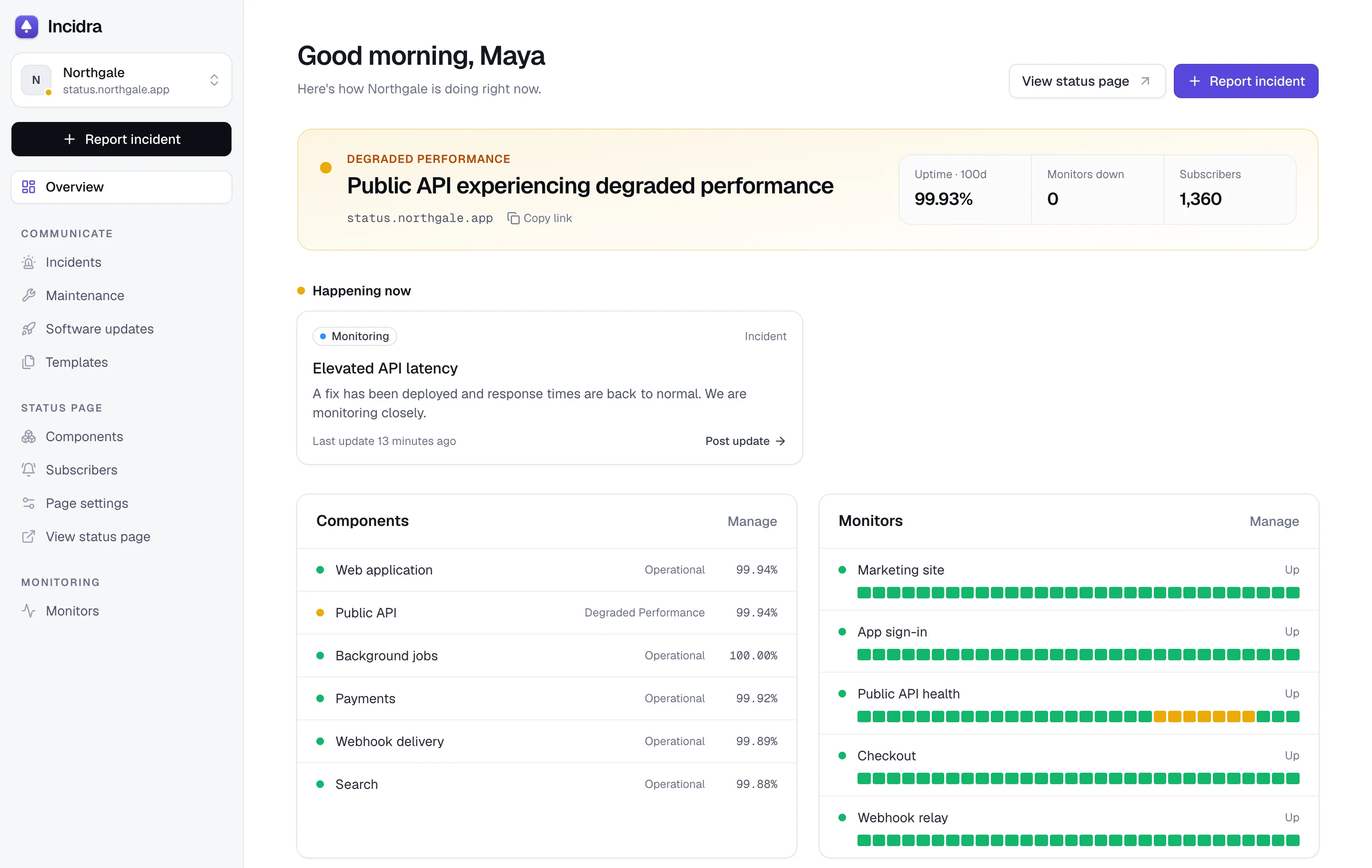 The Incidra overview: the current status of the page, uptime, subscribers, the ongoing incident, components and monitors